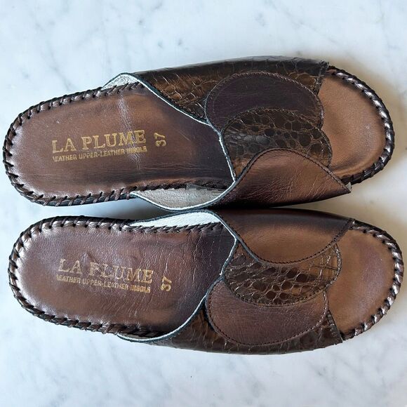 La Plume Paola Copper Embossed Croc Leather Wedge Sandals - Women's Size 6.5/37 - Picture 6 of 9